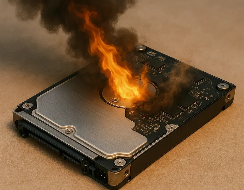 Realistic hard drive or SSD overheating with smoke damage