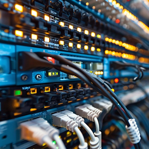 A glowing digital network grid with interconnected nodes and icons representing cloud, servers, and devices, symbolizing strength, security, and connectivity.