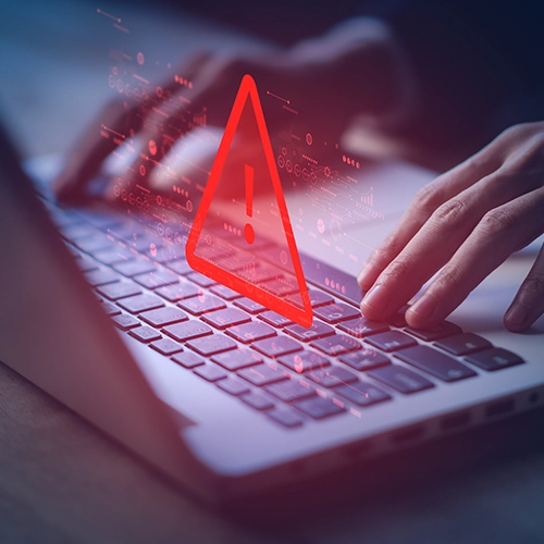 A glowing digital shield and brick wall icon with a flame symbol, representing cybersecurity protection and firewall defense.